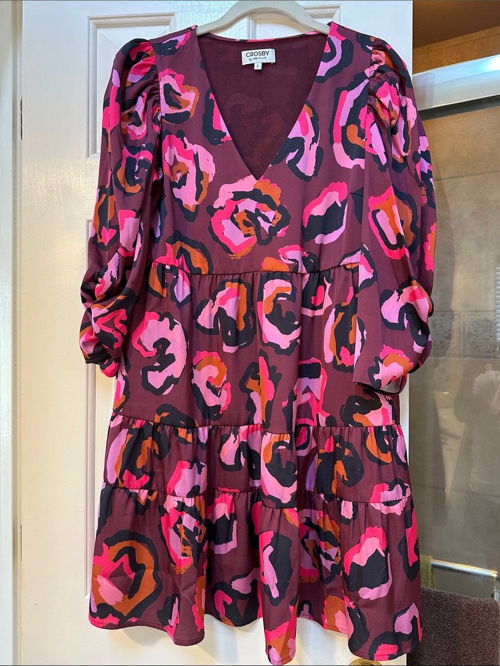 crosby. Burgundy Floral Print Tiered V-Neck Mini Dress